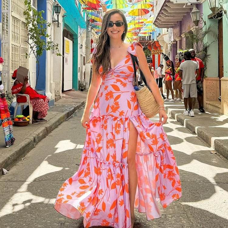 Women's Coral Floral Slit Dress