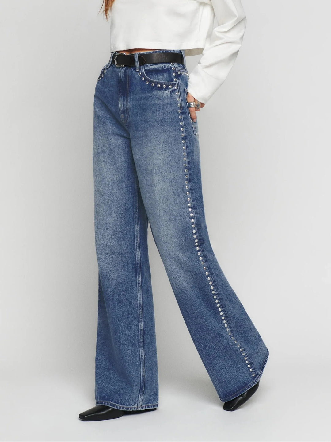 Women's Wide-Leg Denim Jeans With Side Studs