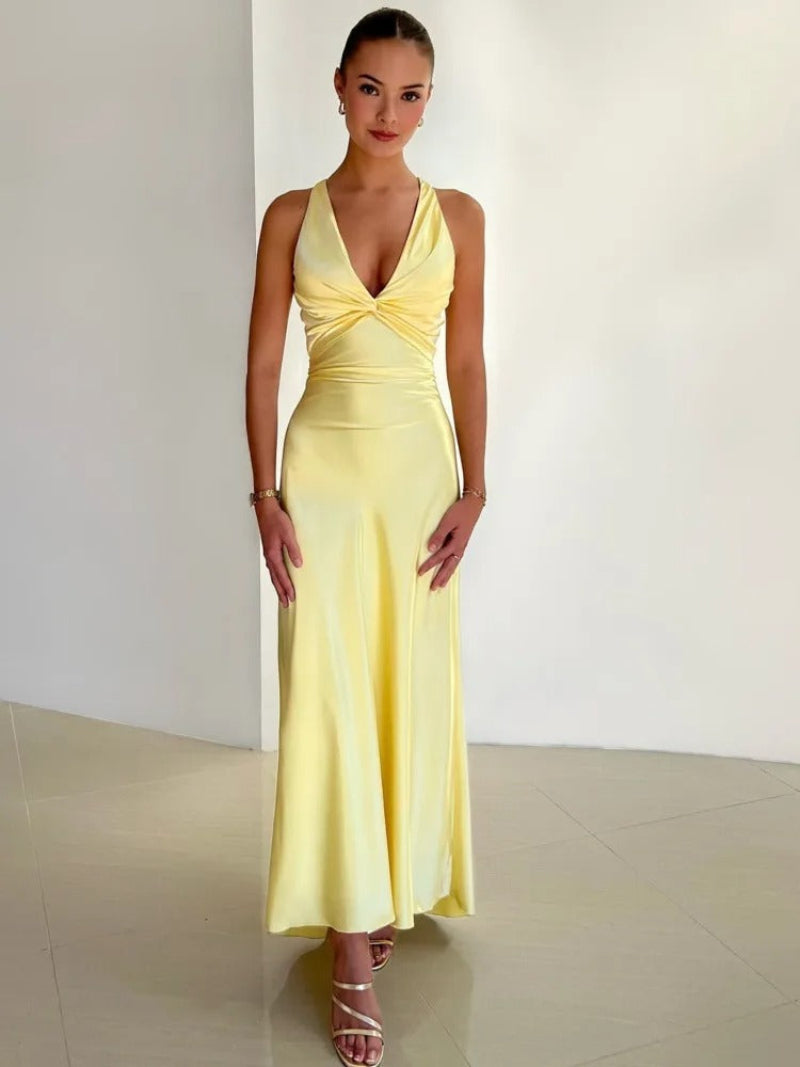knee length dresses for ladies Women's Maxi Dress with V-Neck Twist Front and Tie Back – Serenmae