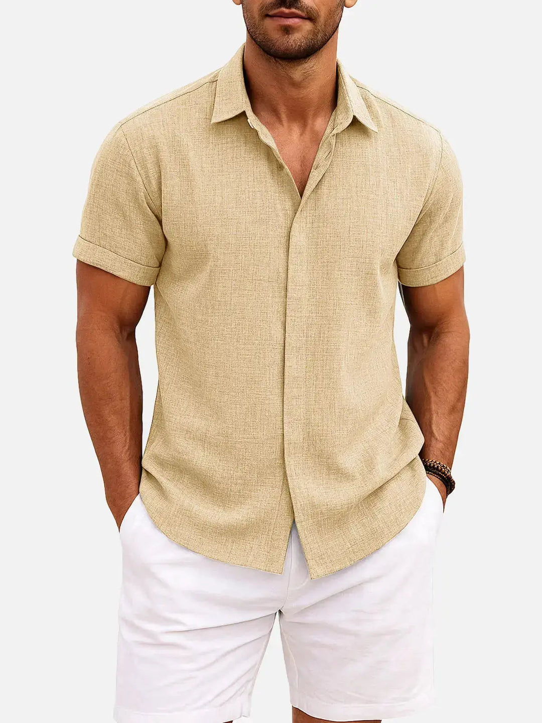 Men's Button-Up Shirt with Short-Sleeve and Cuffed Sleeves