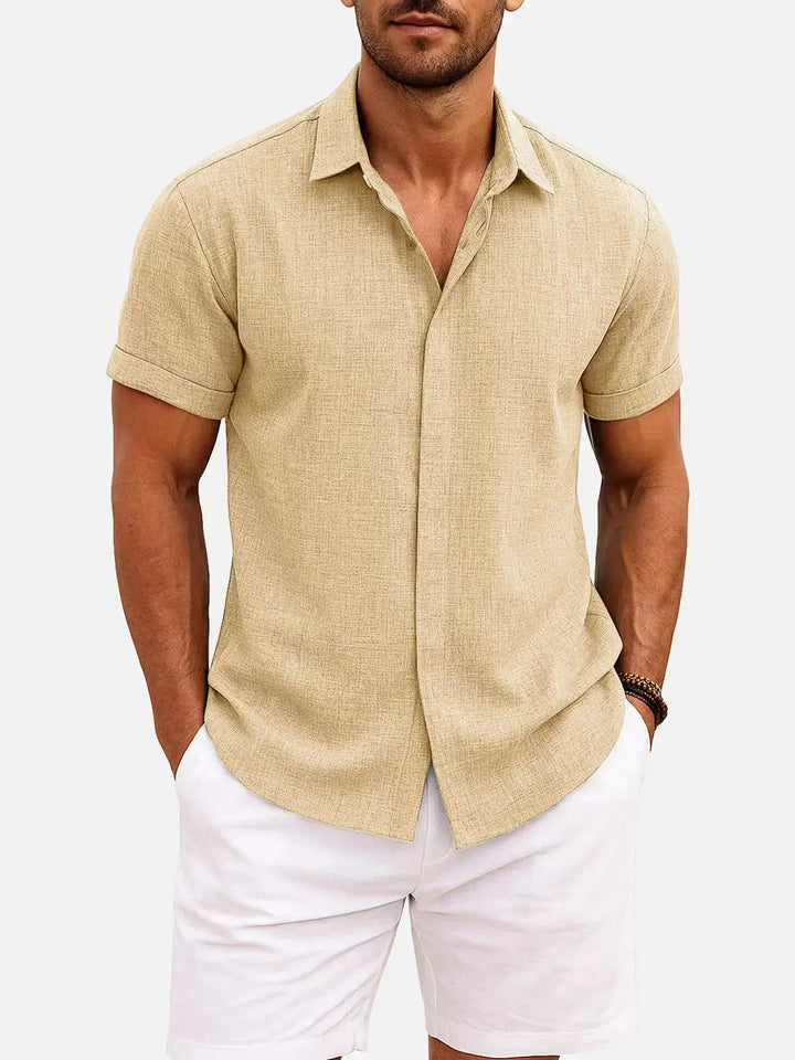 Men's Button-Up Shirt with Short-Sleeve and Cuffed Sleeves