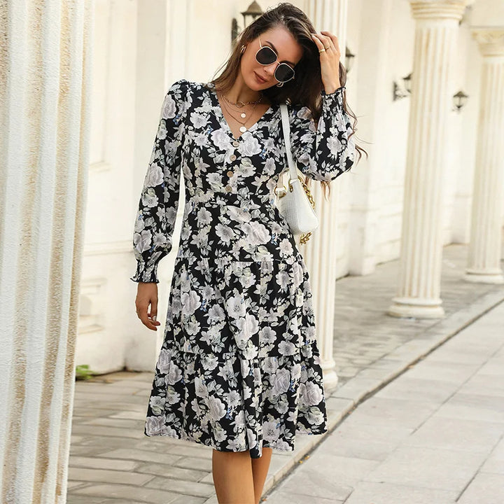 Women’s Midi Dress with Floral Print and V-neckline with Gold Buttons
