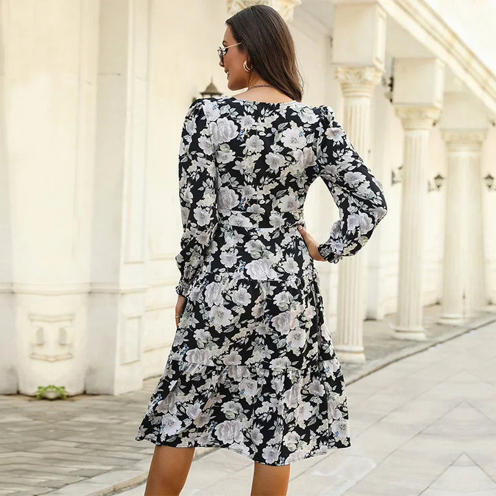 Women’s Midi Dress with Floral Print and V-neckline with Gold Buttons