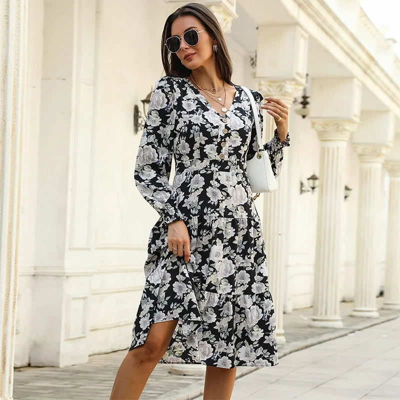 Women’s Midi Dress with Floral Print and V-neckline with Gold Buttons