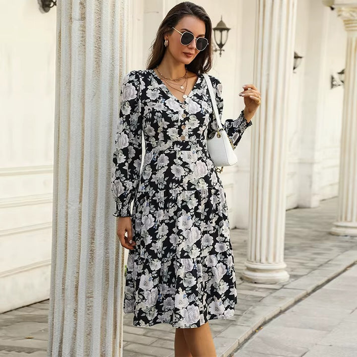 Women’s Midi Dress with Floral Print and V-neckline with Gold Buttons