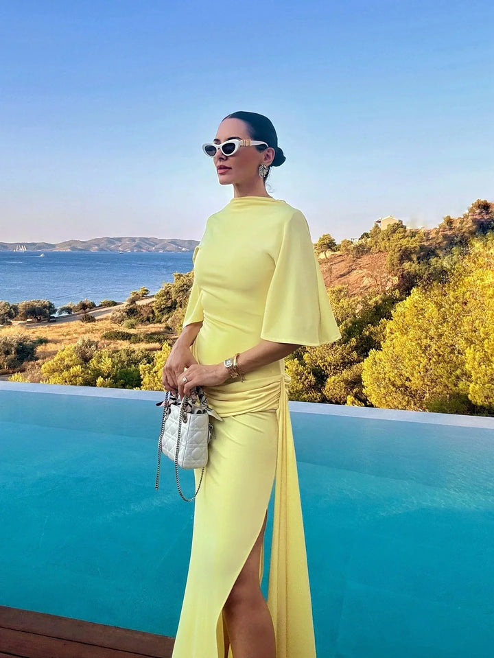 Women's Cape Sleeve Wedding Guest Dress with Side Ruched Detail and Thigh High Slit