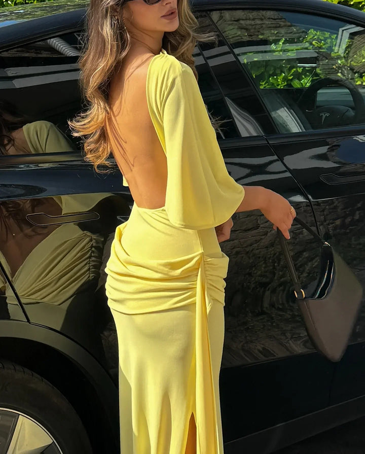Women's Cape Sleeve Wedding Guest Dress with Side Ruched Detail and Thigh High Slit