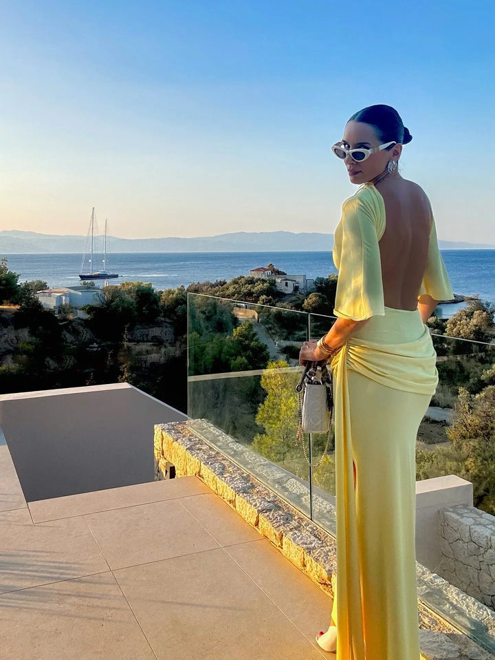 Women's Cape Sleeve Wedding Guest Dress with Side Ruched Detail and Thigh High Slit