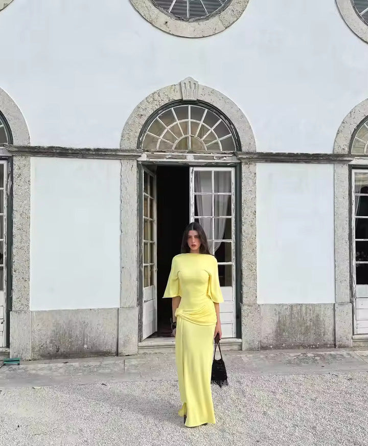 Women's Cape Sleeve Wedding Guest Dress with Side Ruched Detail and Thigh High Slit
