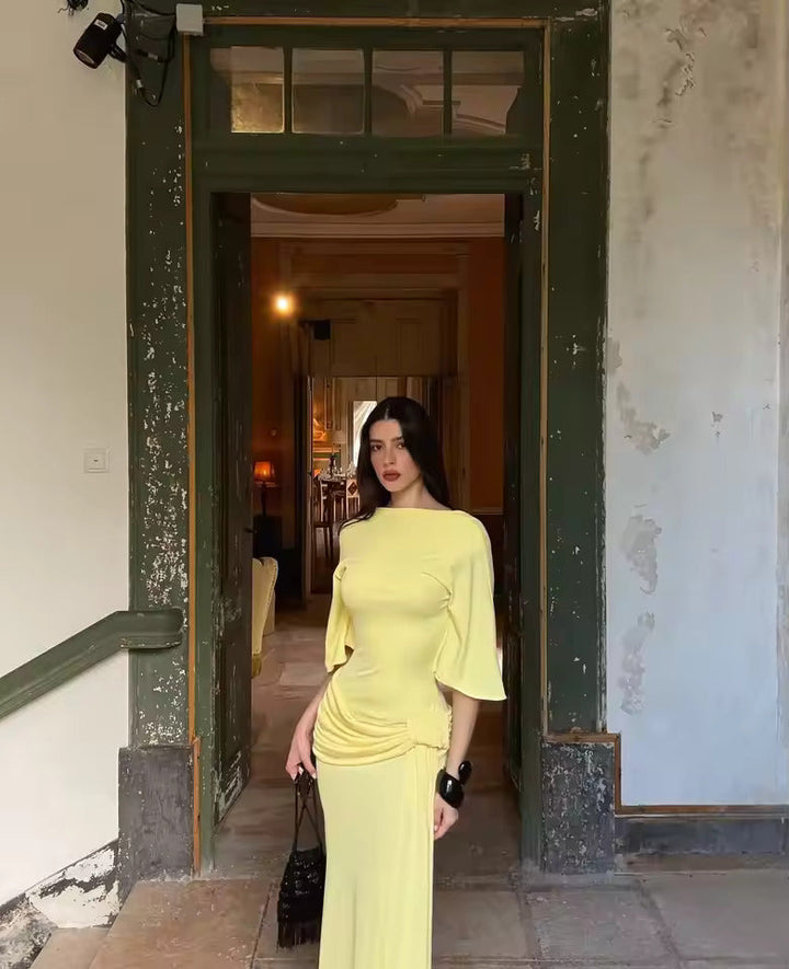 Women's Cape Sleeve Wedding Guest Dress with Side Ruched Detail and Thigh High Slit