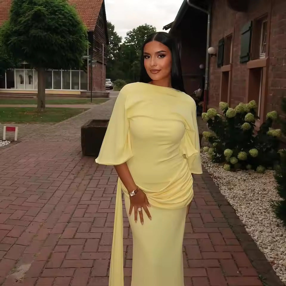 Women's Cape Sleeve Wedding Guest Dress with Side Ruched Detail and Thigh High Slit