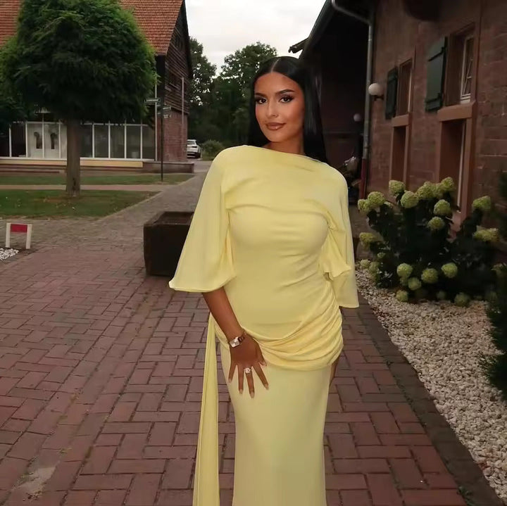 Women's Cape Sleeve Wedding Guest Dress with Side Ruched Detail and Thigh High Slit