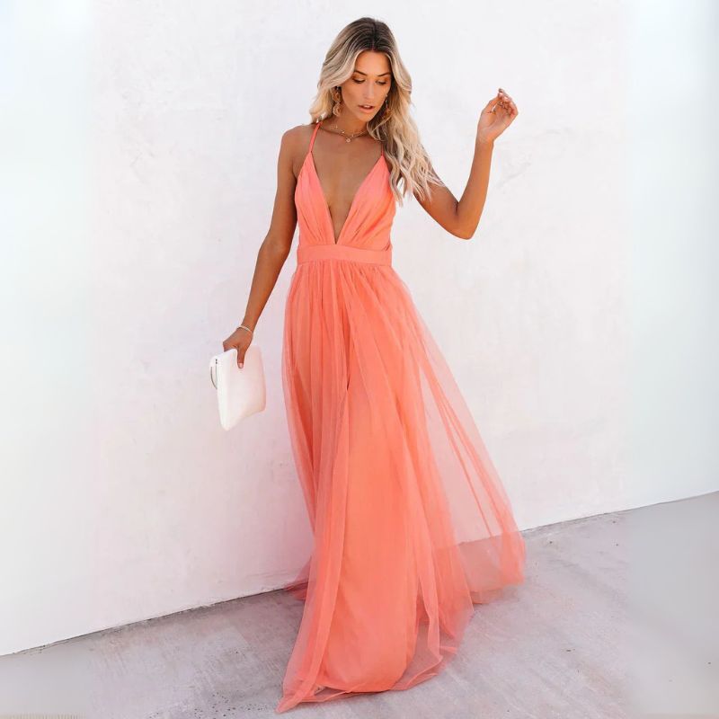 Women's Deep V-Neck Wedding Guest Dress with Pleated Tulle Skirt and High Leg Slit