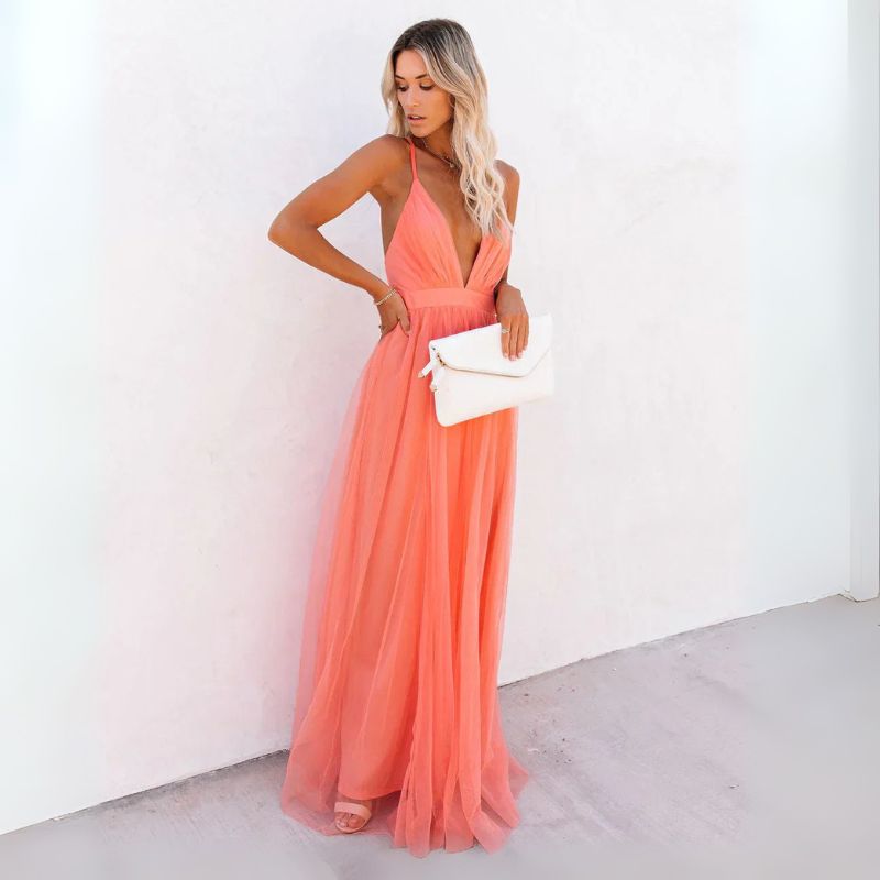 Women's Deep V-Neck Wedding Guest Dress with Pleated Tulle Skirt and High Leg Slit