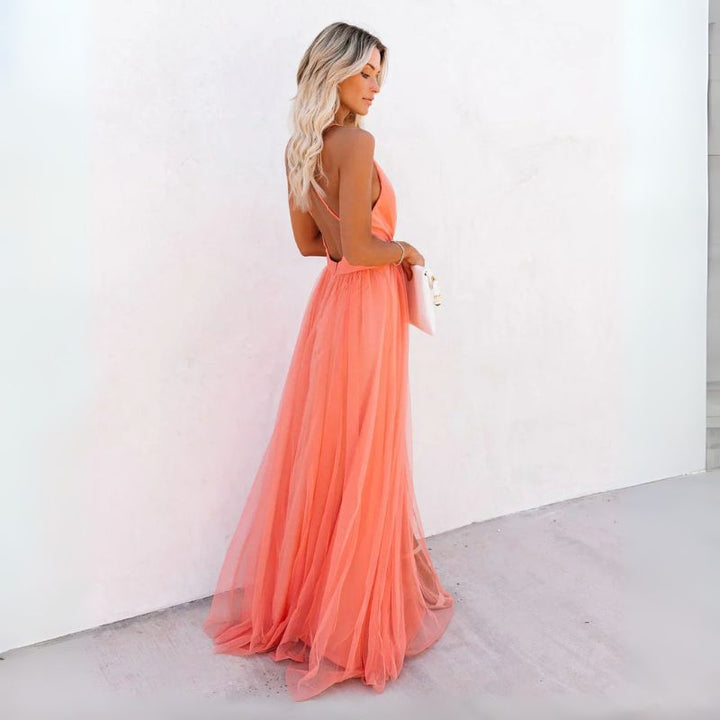 Women's Deep V-Neck Wedding Guest Dress with Pleated Tulle Skirt and High Leg Slit