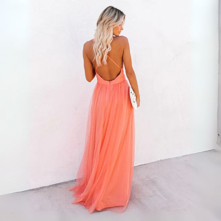 Women's Deep V-Neck Wedding Guest Dress with Pleated Tulle Skirt and High Leg Slit