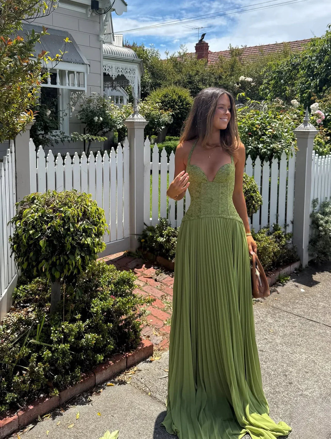 Women's Halter Maxi Wedding Guest Dress with Pleated Skirt and Lace Serenmae Women's Halter Maxi Wedding Guest Dress with Pleated Skirt and Lace Serenmae