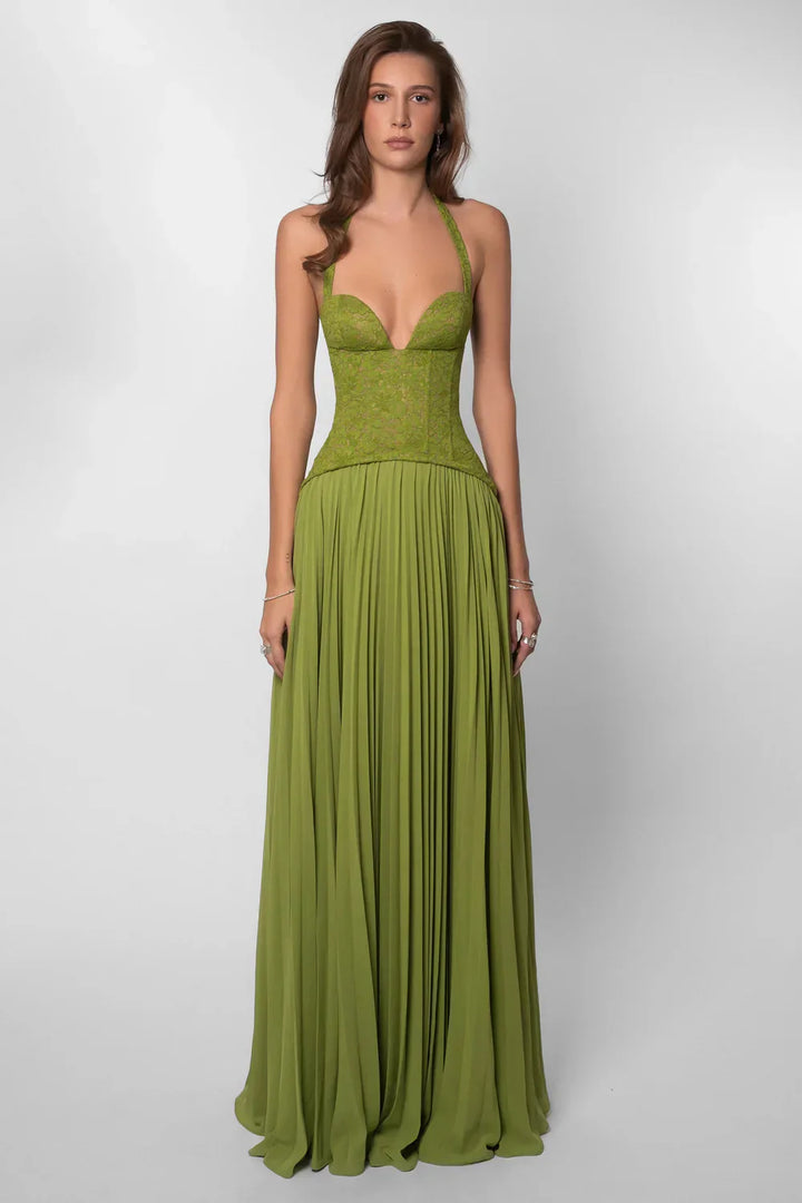 Women's Halter Maxi Wedding Guest Dress with Pleated Skirt and Lace