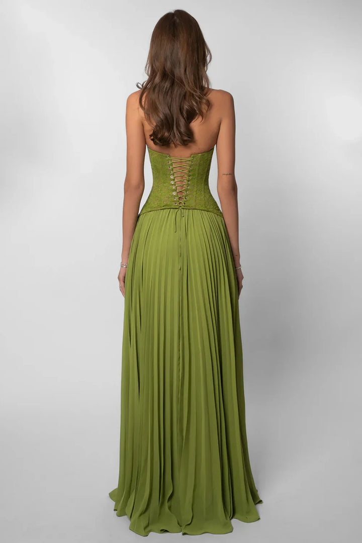 Women's Halter Maxi Wedding Guest Dress with Pleated Skirt and Lace