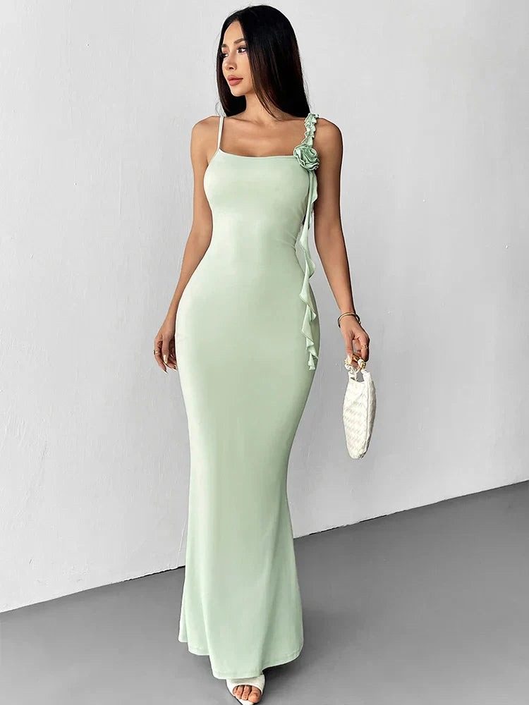 Women's Maxi Wedding Guest Dress with Rosette Detail and Ruffle Strap