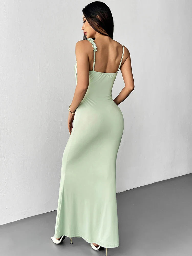 Women's Maxi Wedding Guest Dress with Rosette Detail and Ruffle Strap