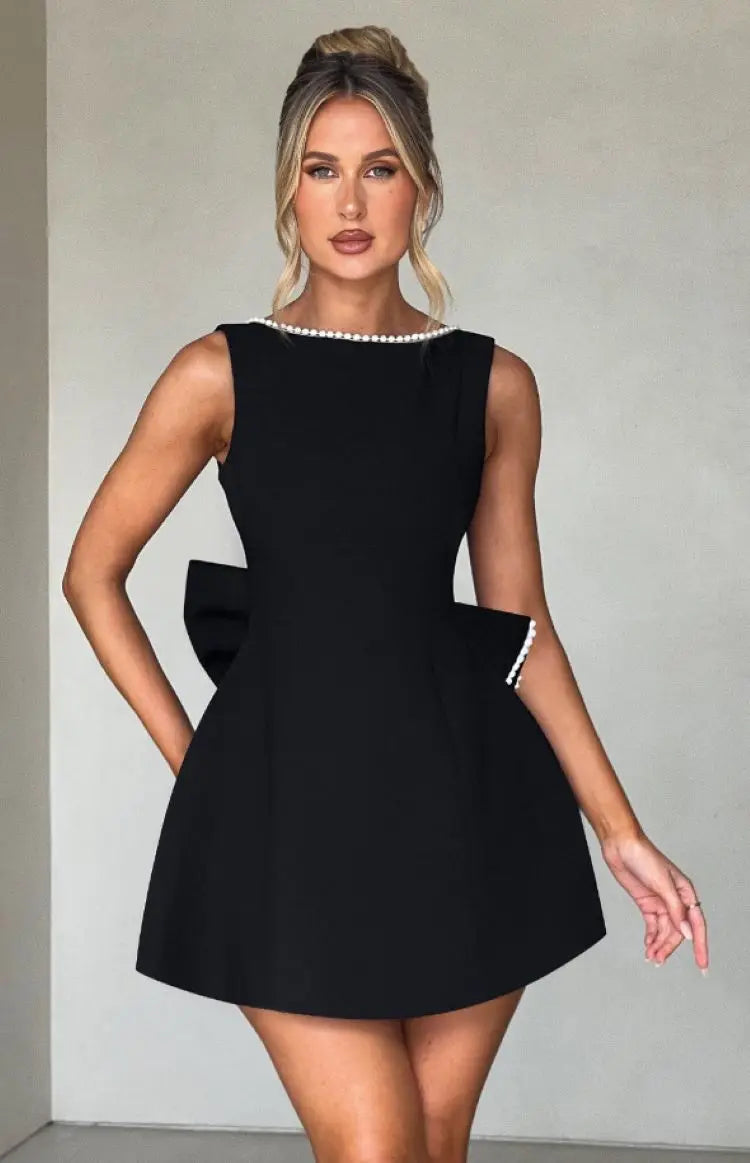 Women's Round Neck A-Line Wedding Guest Dress with Pearl Trim and Oversized Back Bow