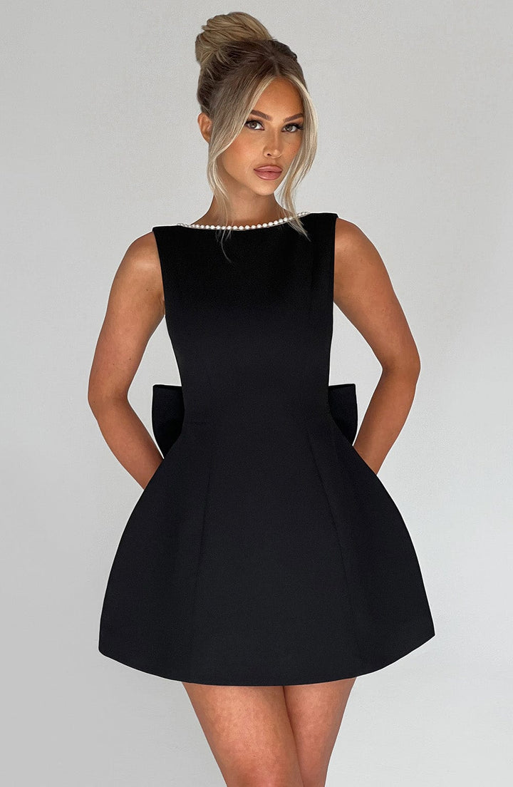 Women's Round Neck A-Line Wedding Guest Dress with Pearl Trim and Oversized Back Bow