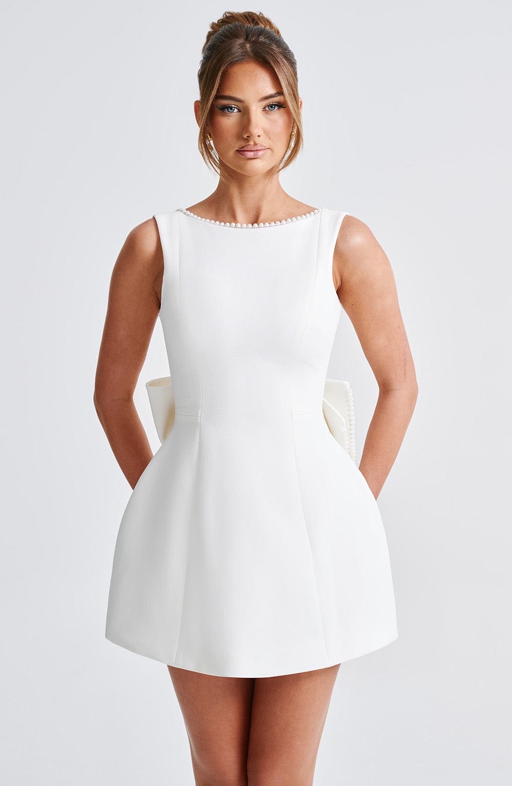 Women's Round Neck A-Line Wedding Guest Dress with Pearl Trim and Oversized Back Bow