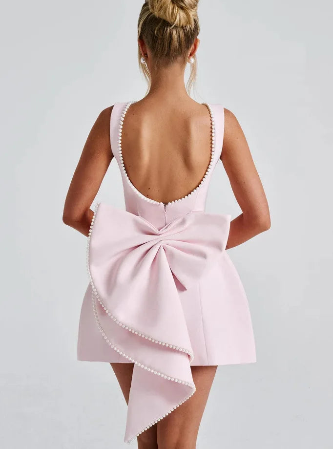 Women's Round Neck A-Line Wedding Guest Dress with Pearl Trim and Oversized Back Bow