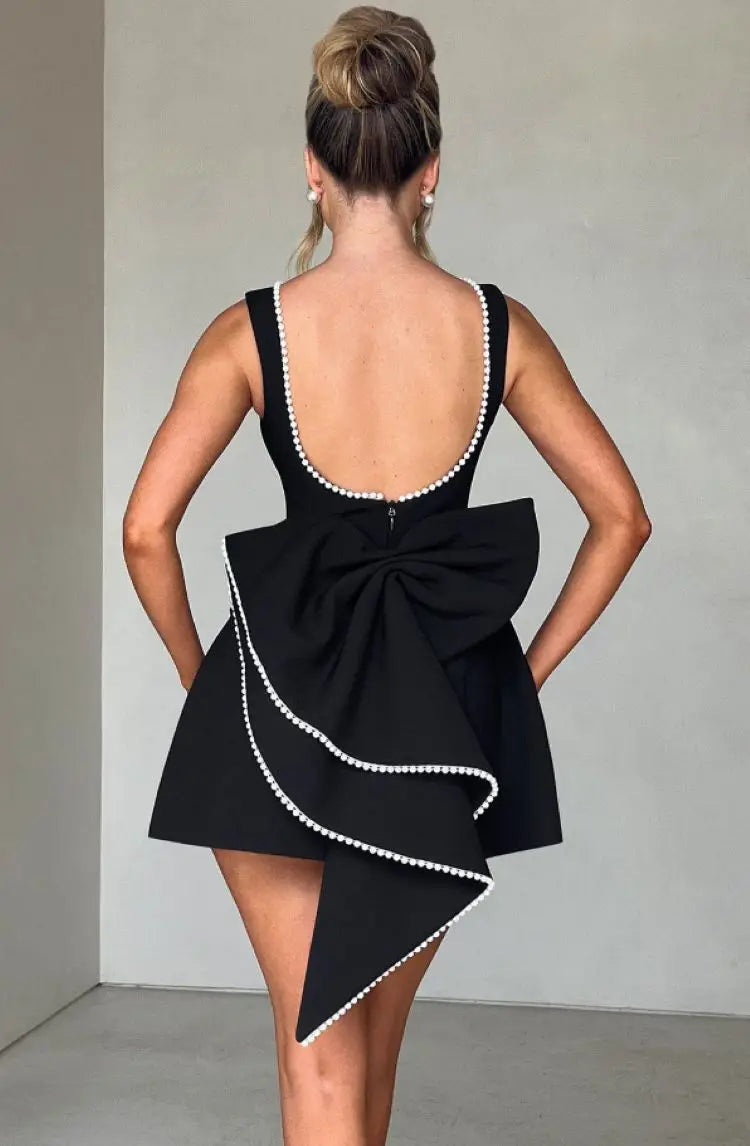 Women's Round Neck A-Line Wedding Guest Dress with Pearl Trim and Oversized Back Bow