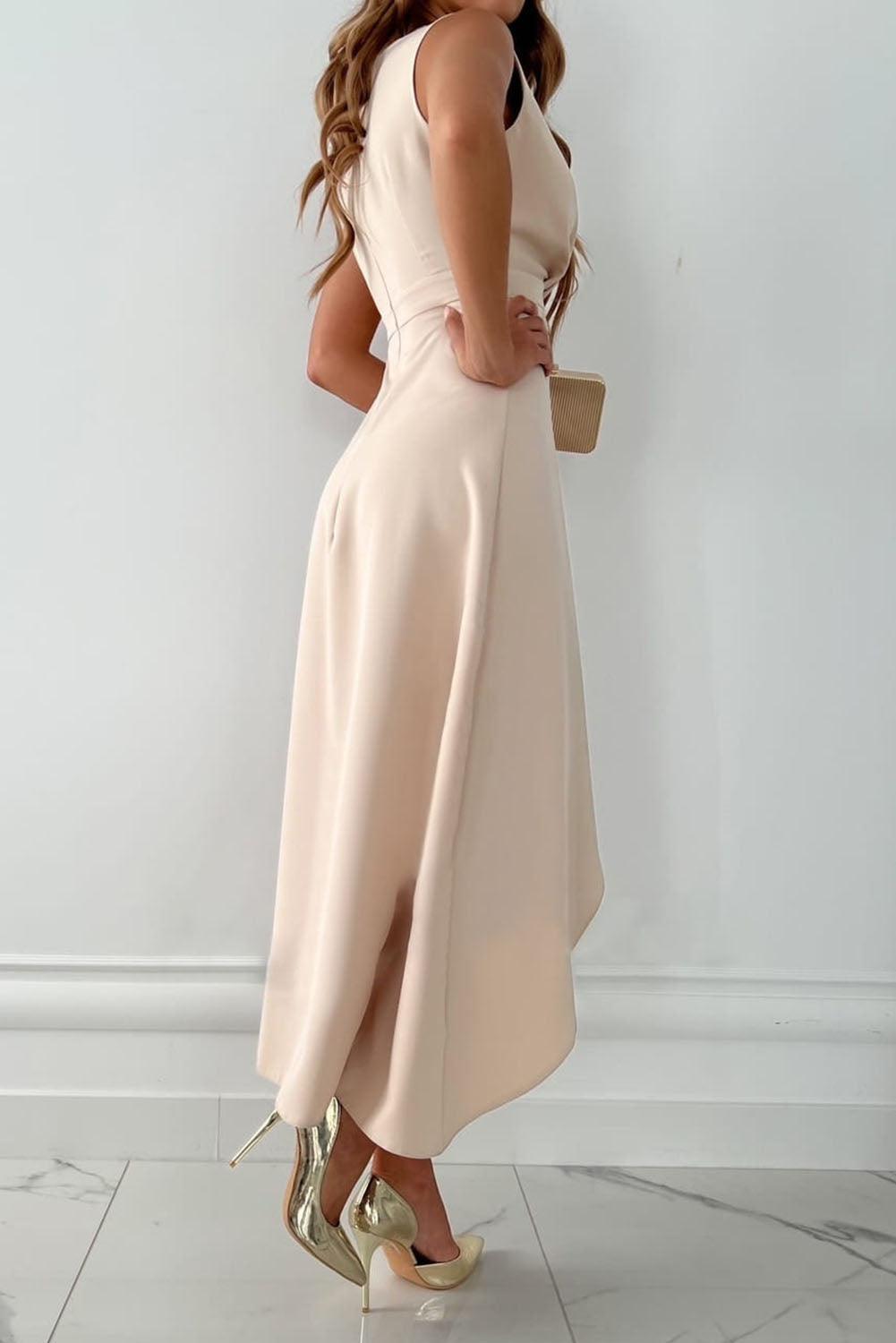 Women's V-Neck Wrap Wedding Guest Dress with Asymmetrical Ruffle Skirt and Front Slit