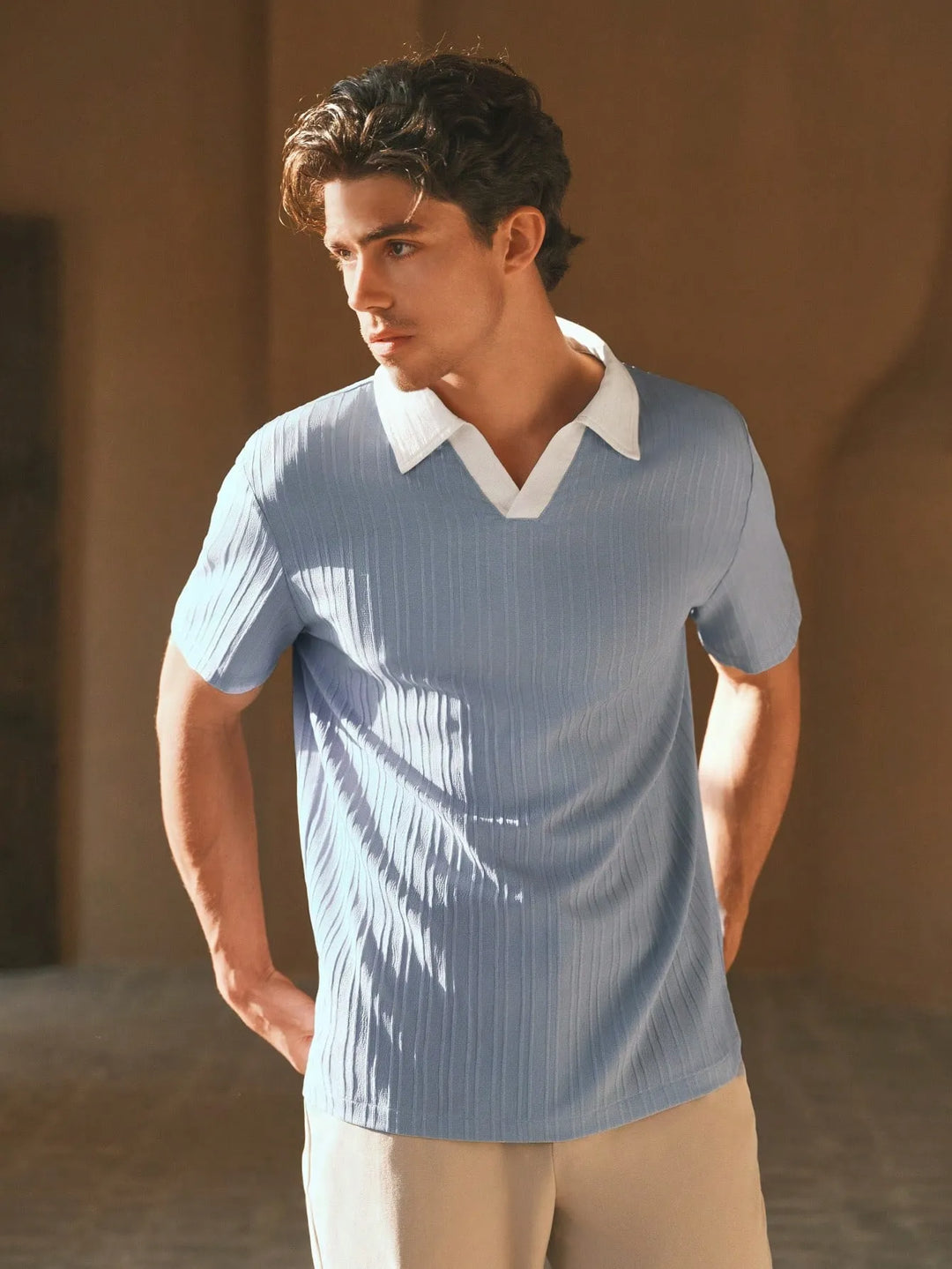 Men's Ribbed Polo Shirt in Sky Blue