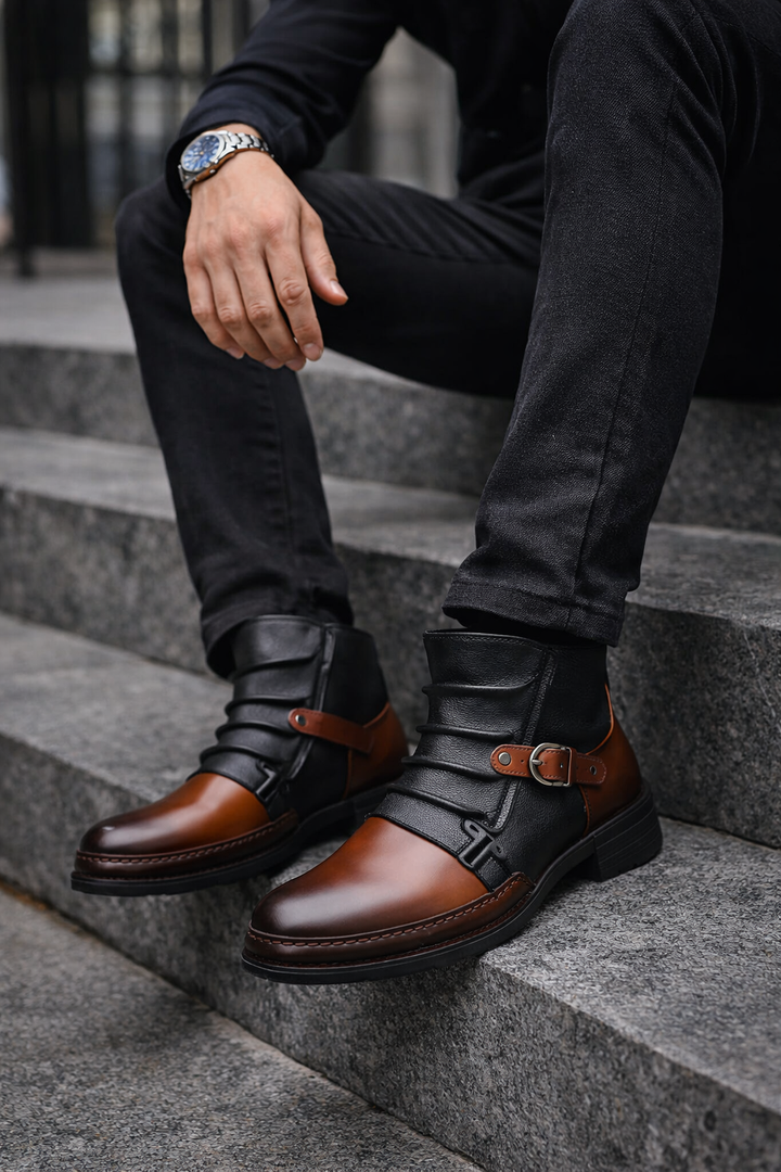 Men's Ankle Boots with Buckle Strap and Rounded Toe