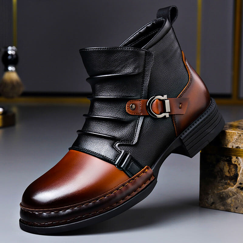 Men's Ankle Boots with Buckle Strap and Rounded Toe