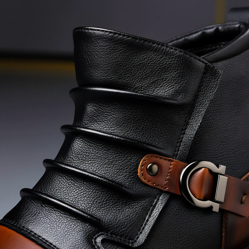 Men's Ankle Boots with Buckle Strap and Rounded Toe