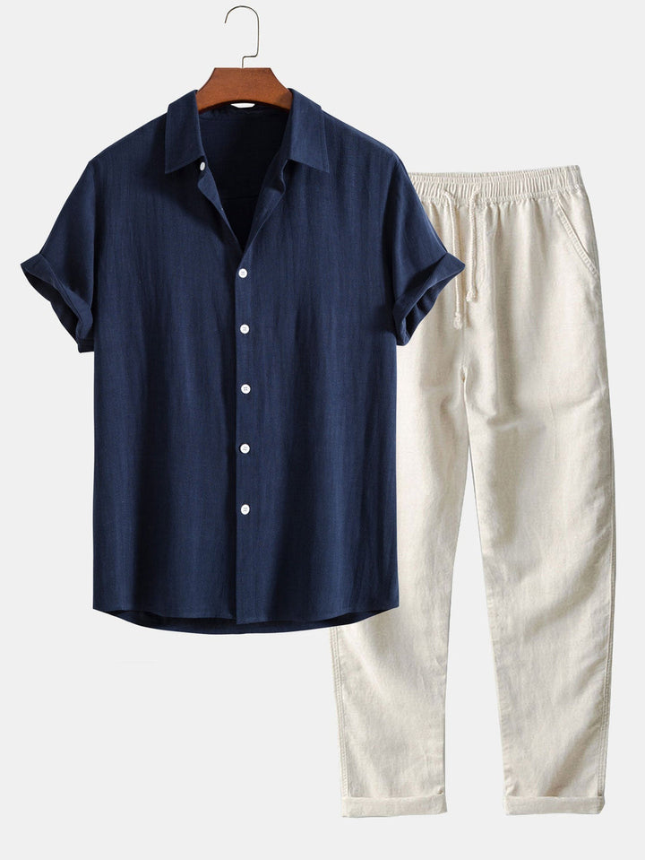 Men's Button-Down Summer Set with Short-Sleeve and Elastic Waist Trousers