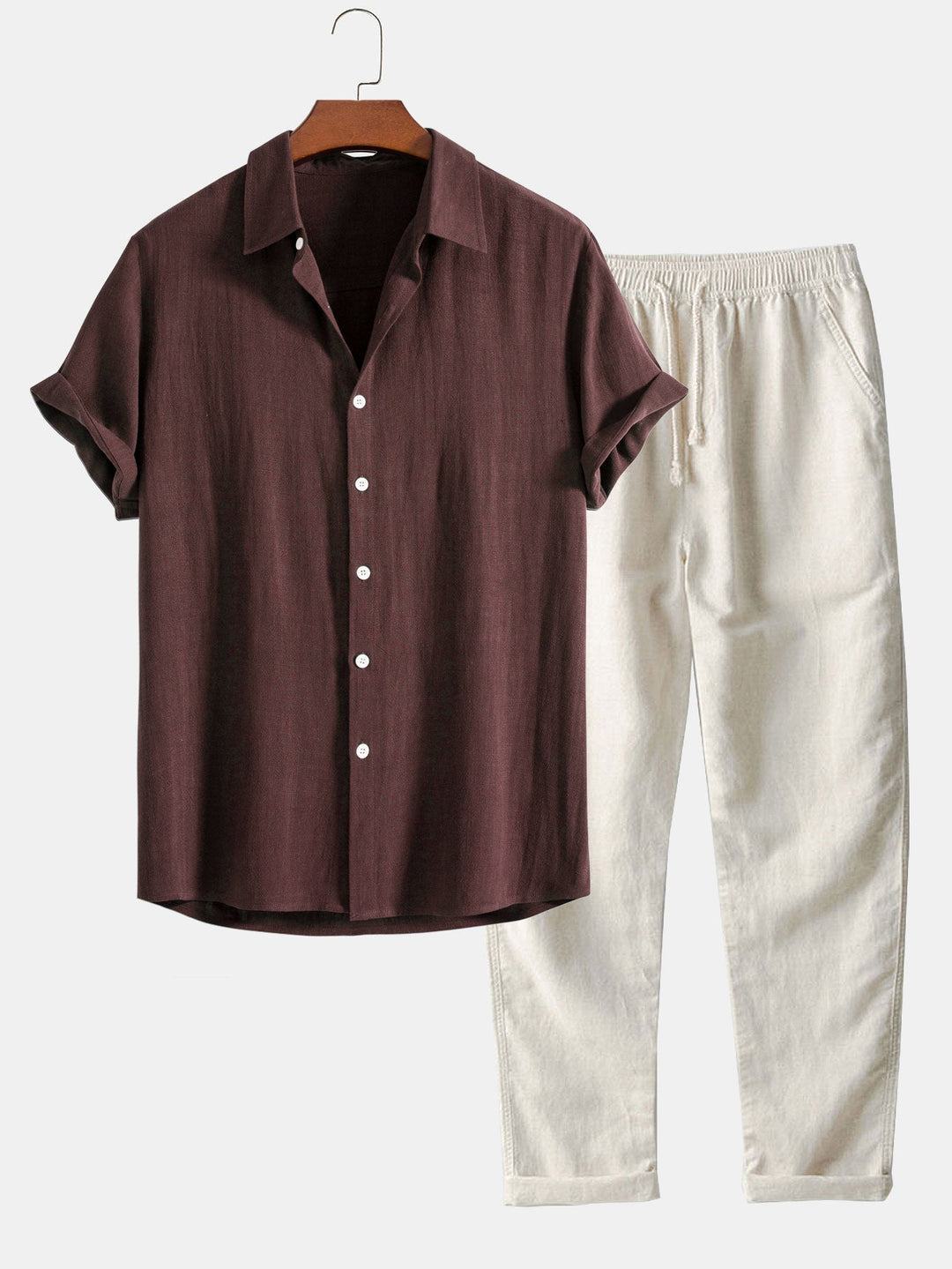 Men's Button-Down Summer Set with Short-Sleeve and Elastic Waist Trousers