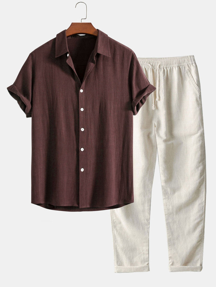 Men's Button-Down Summer Set with Short-Sleeve and Elastic Waist Trousers