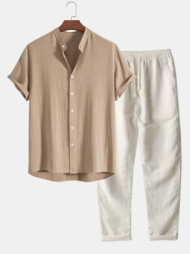 Men's Button-Down Summer Set with Short-Sleeve and Elastic Waist Trousers