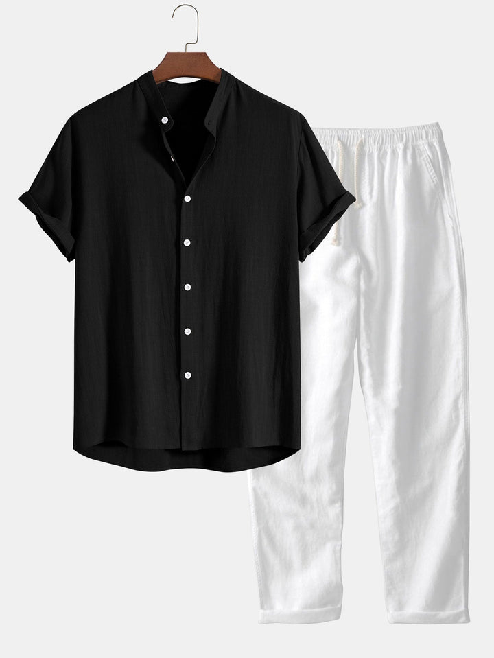 Men's Button-Down Summer Set with Short-Sleeve and Elastic Waist Trousers