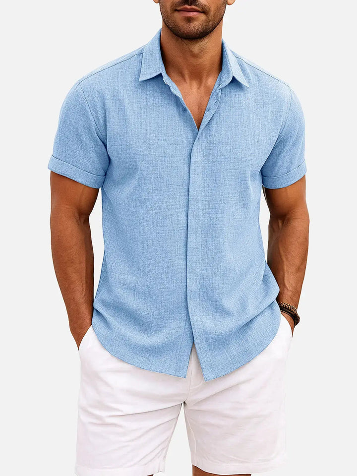 Men's Button-Up Shirt with Short-Sleeve and Cuffed Sleeves