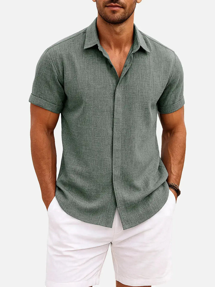 Men's Button-Up Shirt with Short-Sleeve and Cuffed Sleeves