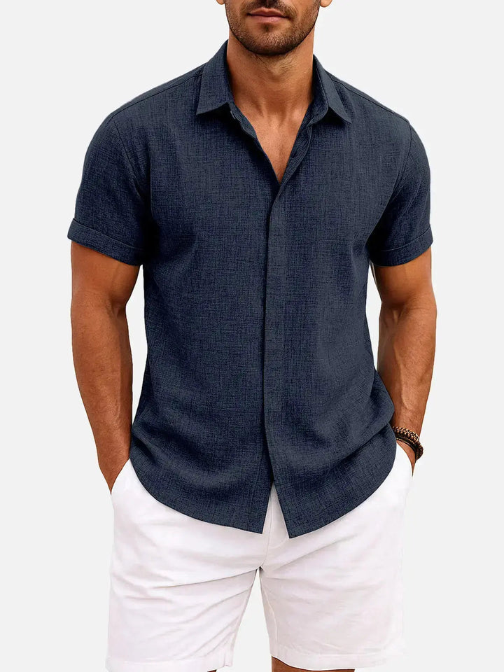 Men's Button-Up Shirt with Short-Sleeve and Cuffed Sleeves