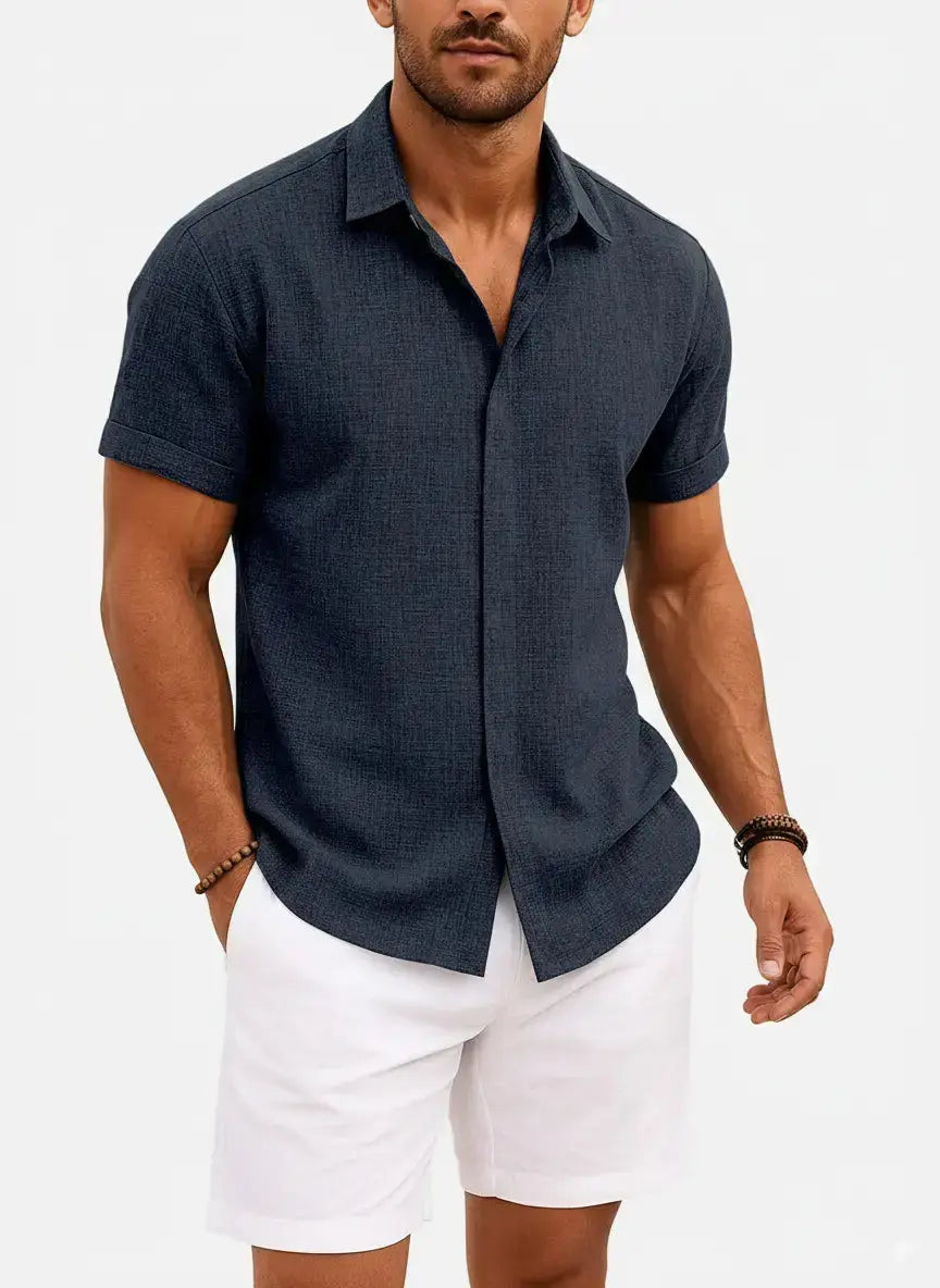 Men's Button-Up Shirt with Short-Sleeve and Cuffed Sleeves