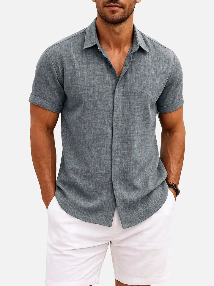 Men's Button-Up Shirt with Short-Sleeve and Cuffed Sleeves