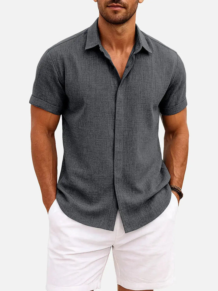Men's Button-Up Shirt with Short-Sleeve and Cuffed Sleeves