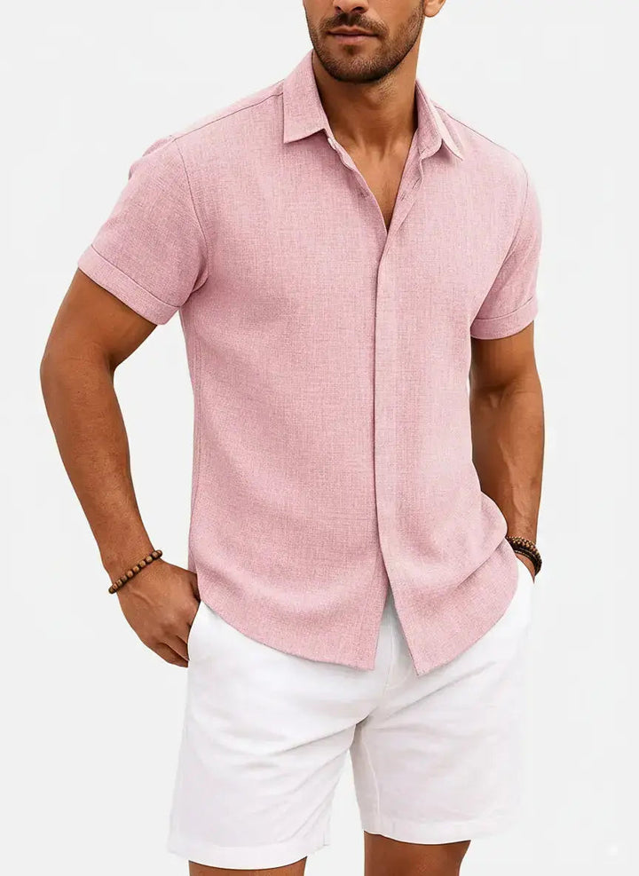 Men's Button-Up Shirt with Short-Sleeve and Cuffed Sleeves