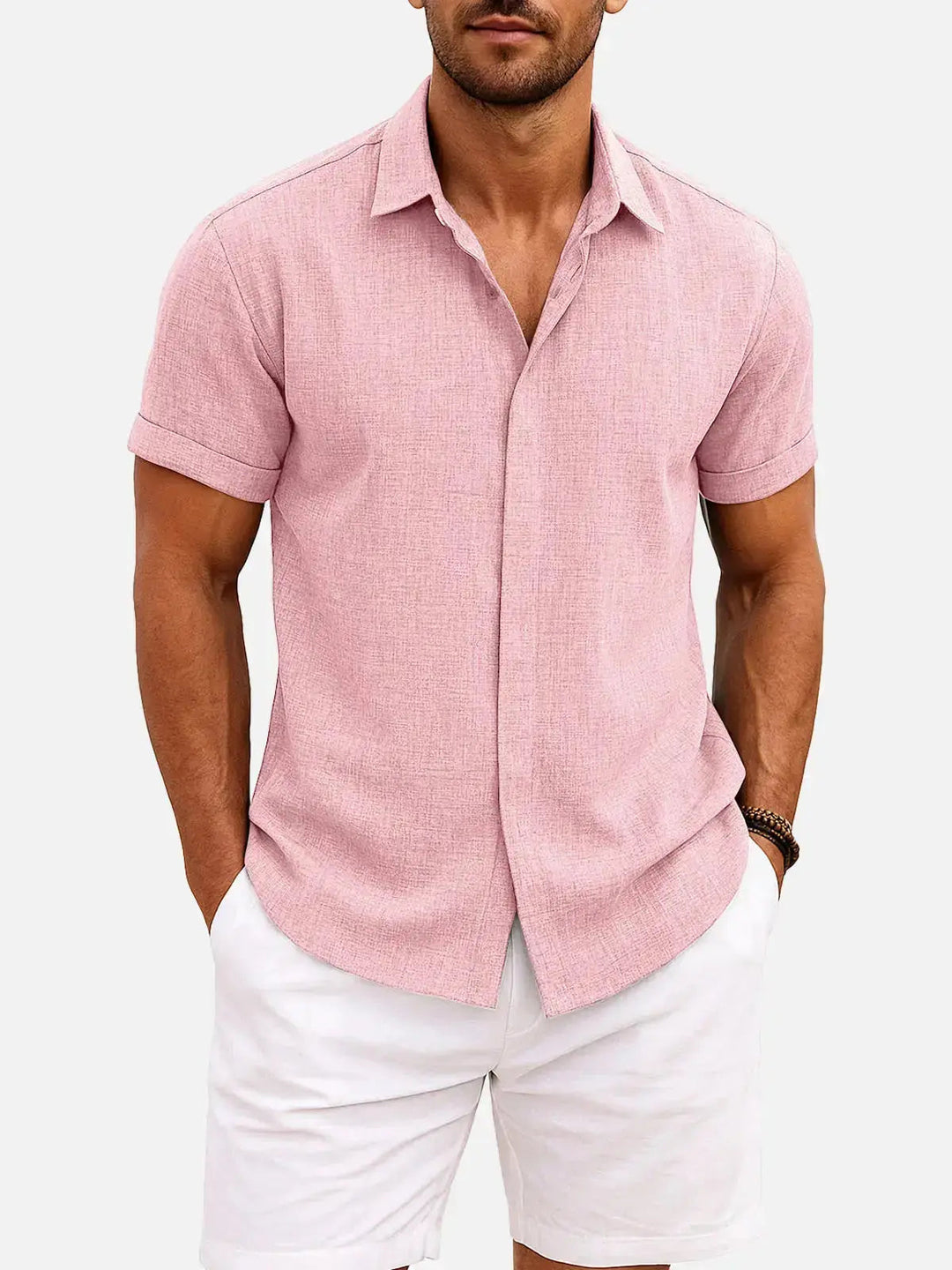 Men's Button-Up Shirt with Short-Sleeve and Cuffed Sleeves
