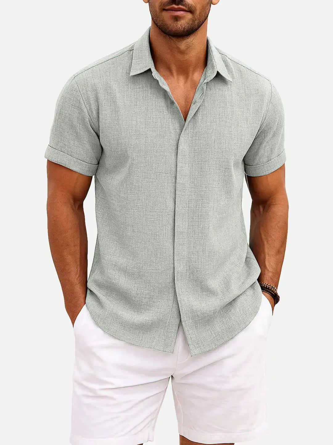 Men's Button-Up Shirt with Short-Sleeve and Cuffed Sleeves