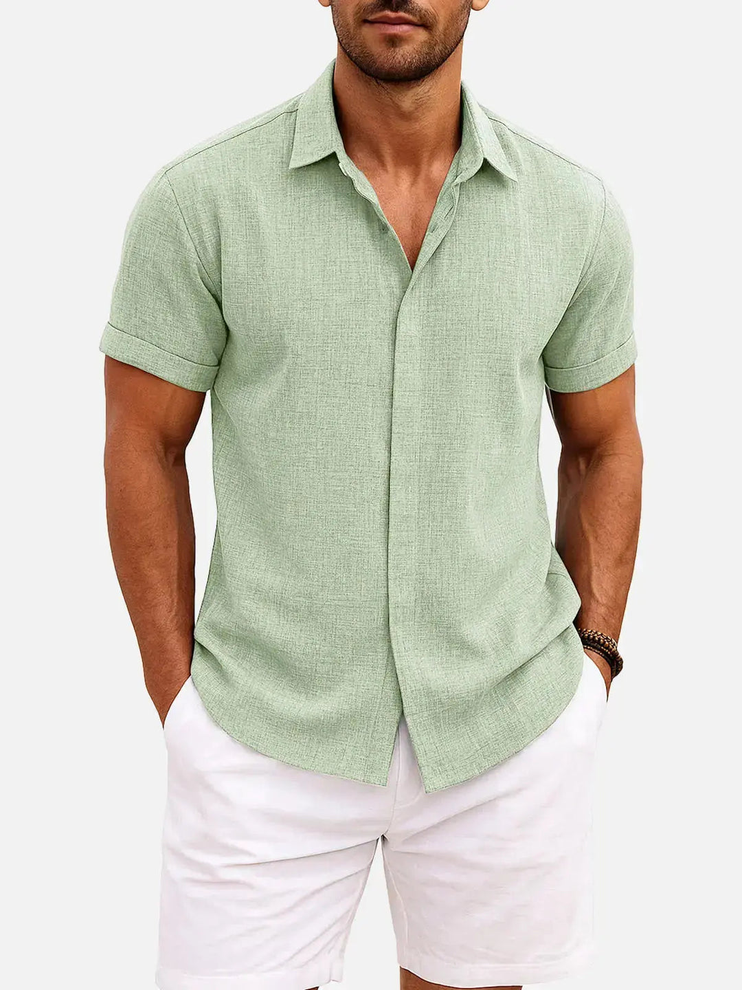 Men's Button-Up Shirt with Short-Sleeve and Cuffed Sleeves